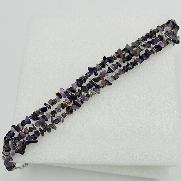 Amethyst Triple Strand Choker Necklace Nugget Silver Tone Adjustable 13.5-16 in - Picture 3 of 4